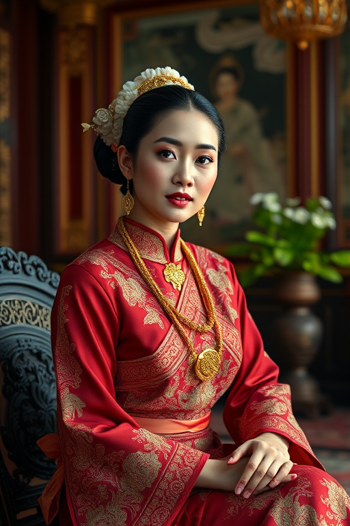 A beautiful Lao woman in traditional East Asian attire, intricately detailed with embroidered patterns, sitting gracefully in a richly decorated room, soft ambient lighting, serene and elegant, ultra-realistic, 8K resolution