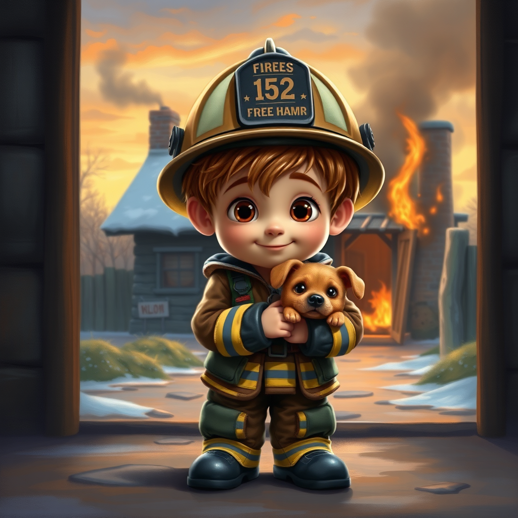 airbrushed oil painting, pixar style, cute little boy in fireman gear, helmet, tousled hair, expressive eyes, standing in the doorstep of a cottage burning behind him, holding a cute little dog in his arm, atumn sky