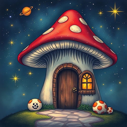 this photo is illustration of a mushroom house with a door and a window, a storybook , fantasy art, mushroom house, bg starry sky, sparkles