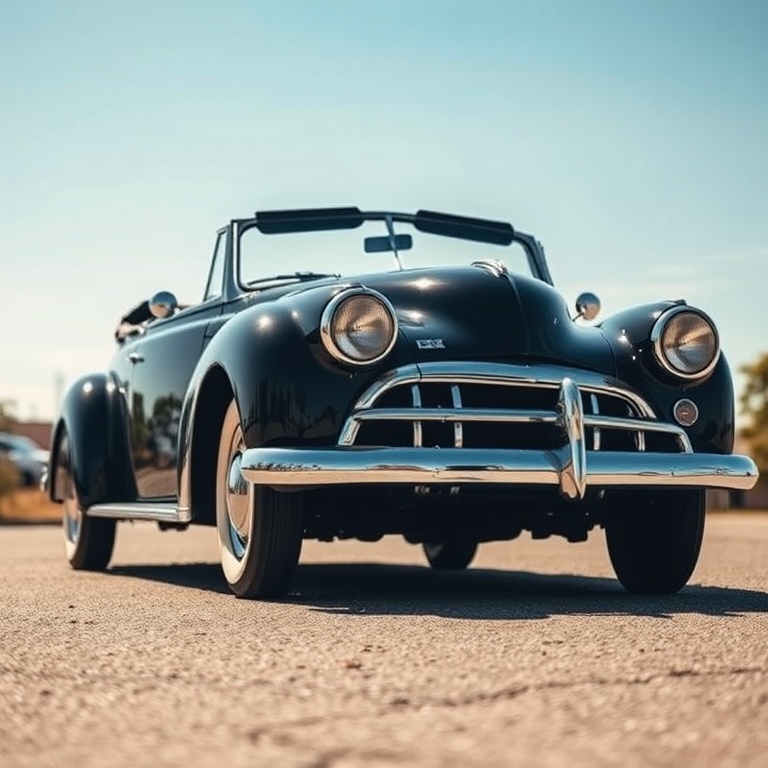 Create an image of a vintage black car with a convertible top, shot from a low angle in bright daylight, using a DSLR camera with a50mm lens at f/2.8, ISO 100, and a shutter speed of 1/200s to enhance details and clarity.
