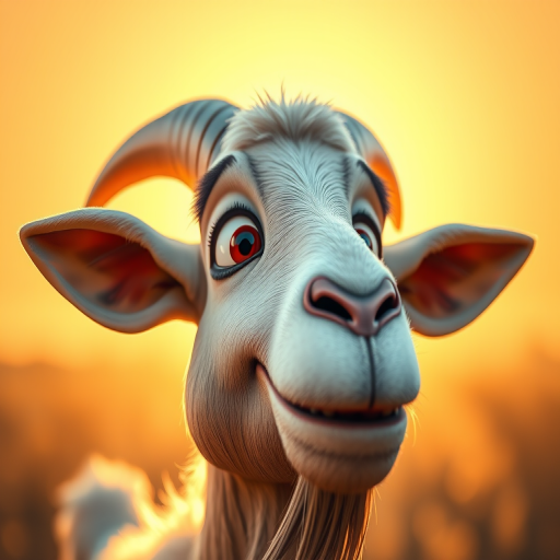 High-resolution close-up shot of a cartoon goat with exaggerated features, illuminated by a bright sun in the background, using a Canon EOS R5, 50mm lens, f/1.8 aperture, ISO 100, and a warm color filter for enhanced vibrancy.
