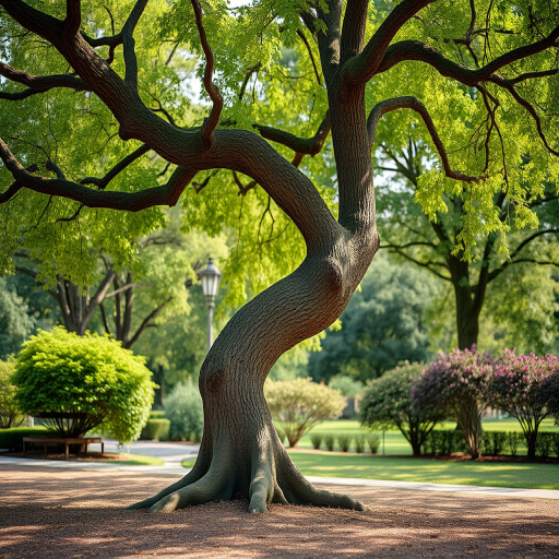 capture a unique tree with an unusual bend in a park setting during daytime using a DSLR camera with a 50mm lens, aperture f/2.8, ISO 100, shutter speed 1/200s, in landscape orientation for enhanced depth and clarity