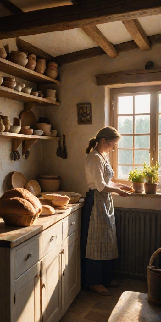 Rustic kitchen of a countryside cottage, sunlight streaming through the window, a woman bakes bread at the counter, the smell of fresh dough filling the cozy space.