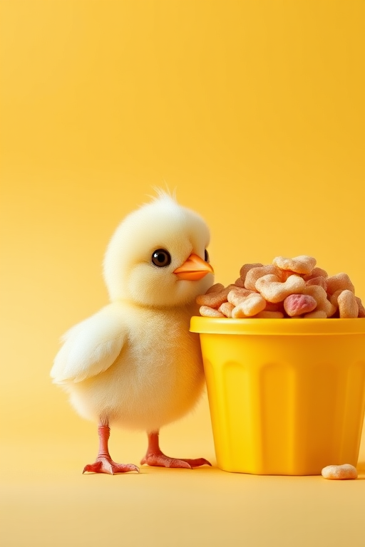 a cute cartoon chick standing next to a large yellow container of snacks, vibrant yellow background, soft lighting, DSLR camera, f/2.8 aperture, 50mm lens, ISO 100, shallow depth of field, focus on the chick and snacks