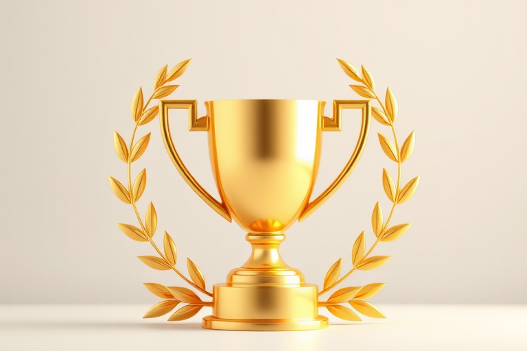 Create a 3D rendering of a shiny gold trophy surrounded by a laurel wreath with a soft focus background, using a DSLR camera at f/1.8, ISO 100, and a 50mm lens, in a studio light setting for enhanced image quality.