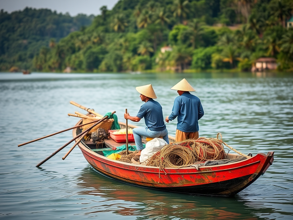 Capture a vibrant scene of two fishermen on a traditional boat filled with fishing gear, surrounded by lush greenery and calm waters, using a DSLR camera with a 50mm lens, aperture f/2.8, shutter speed 1/200s, ISO 100, shot from a 45-degree angle to enhance depth.