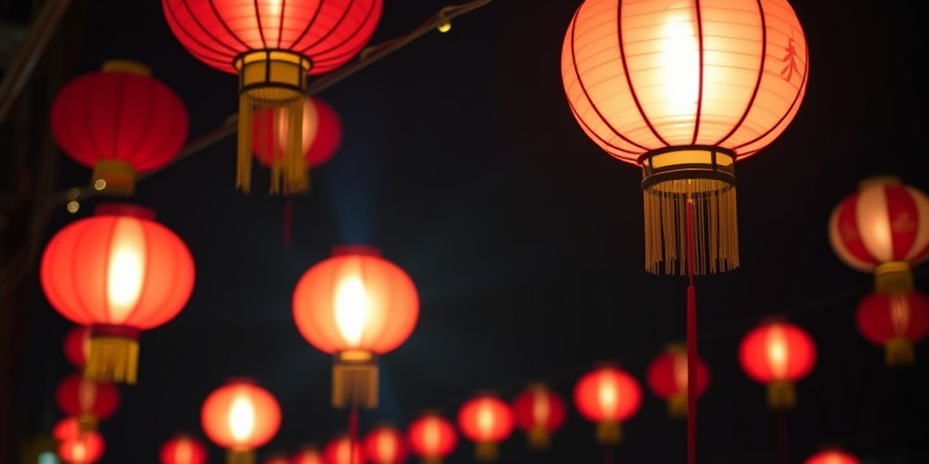 Create a vibrant night scene featuring traditional red Chinese lanterns glowing against a dark background, using a DSLR camera with a 50mm lens, aperture set to f/1.8 for bokeh effect, ISO 800 for enhanced night vision, and a slow shutter speed of 1/30 seconds to capture soft light trails.