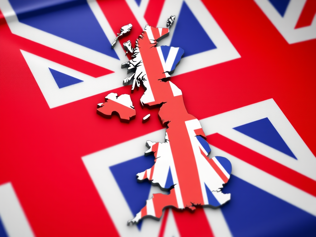 Create a 3D-rendered image of the United Kingdom map overlaid with the Union Jack, using a DSLR camera with a 50mm lens, aperture set to f/2.8, ISO 100, and a shallow depth of field for enhanced clarity, shot from a slightly elevated angle to give a dynamic perspective.