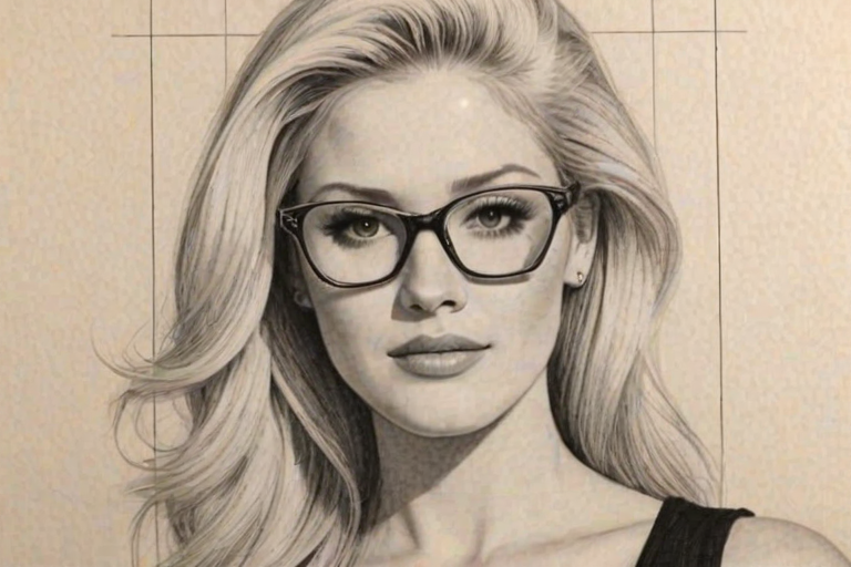 Fascinating Heidi Montag, pencil sketch, portrait of Wonderful woman 1961s in glasses, hair style beatnik, outline, clear lines, fine lines, 8k