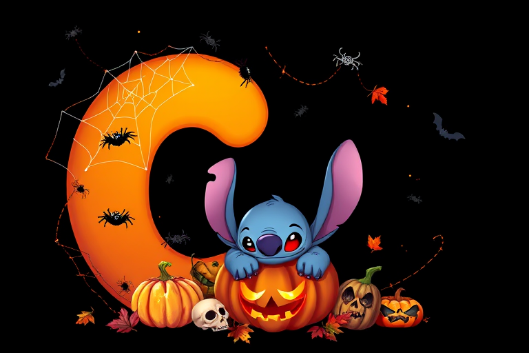 A whimsical and vibrant Halloween-themed digital illustration featuring the letter "C" adorned with spider webs, small bats, and cute spiders. At the base of the letter, a playful alien character similar to Stitch is peeking out from inside a carved pumpkin with glowing eyes, surrounded by additional pumpkins, a small skull, and autumn leaves. The letter is gradient-colored from orange to purple, adding a magical atmosphere to the scene, black background
