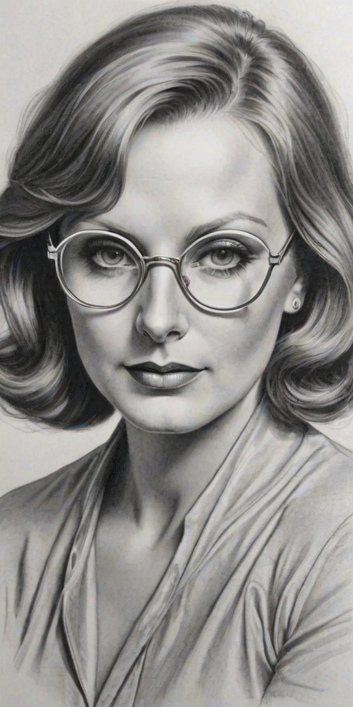 Resplendent Greta Garbo, pencil sketch, portrait of Captivating woman 1962s in glasses, hair style beatnik, outline, clear lines, fine lines, 8k
