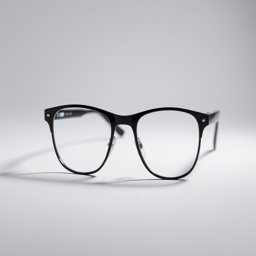 Regenerate an image of stylish black eyeglasses on a plain background, using a DSLR camera with a 50mm lens, aperture f/2.8, ISO 100, 1/125s shutter speed, in a studio lighting setup to enhance reflections and clarity.