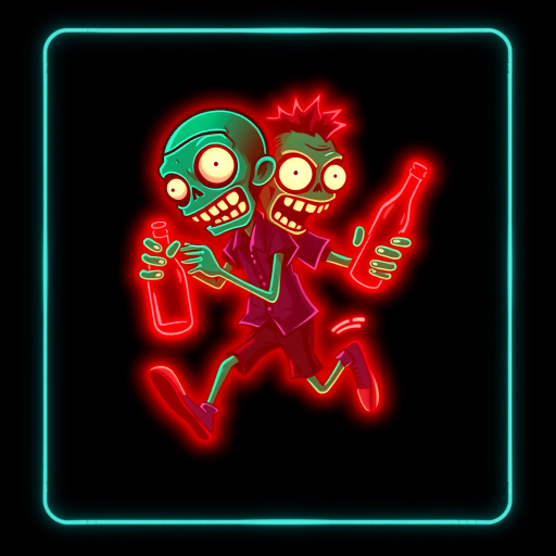 Create an image of a neon sign featuring a cartoon-style zombie in a dynamic pose, holding a bottle. The neon sign should glow in red against a dark background, making the character stand out prominently. The character should appear to be running, capturing attention with its vibrant color and action pose, perfect for advertising or decorative purposes.