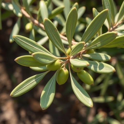 regenerate the image of a stylized olive branch with leaves, using a DSLR camera, 50mm lens, aperture f/2.8, ISO 100, natural lighting, top-down view, high-resolution output