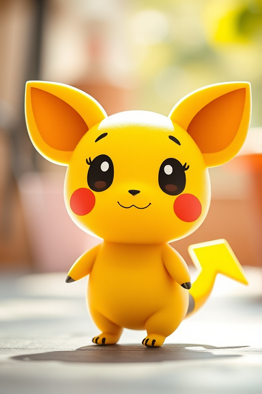 Create a cute cartoon character reminiscent of a small, round yellow creature with large ears and a lightning bolt tail, captured in a bright, cheerful atmosphere using a DSLR camera with a 50mm lens, f/1.8 aperture, 1/200s shutter speed, and natural lighting for enhanced image quality.