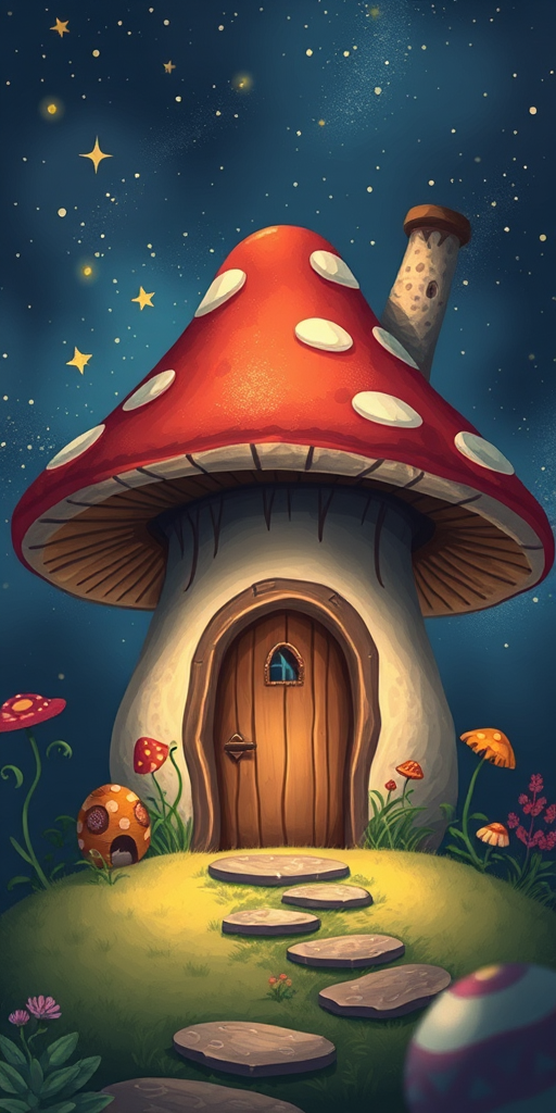 generate illustration of a mushroom house with a door and a window, a storybook , fantasy art, mushroom house, bg starry sky, sparkles