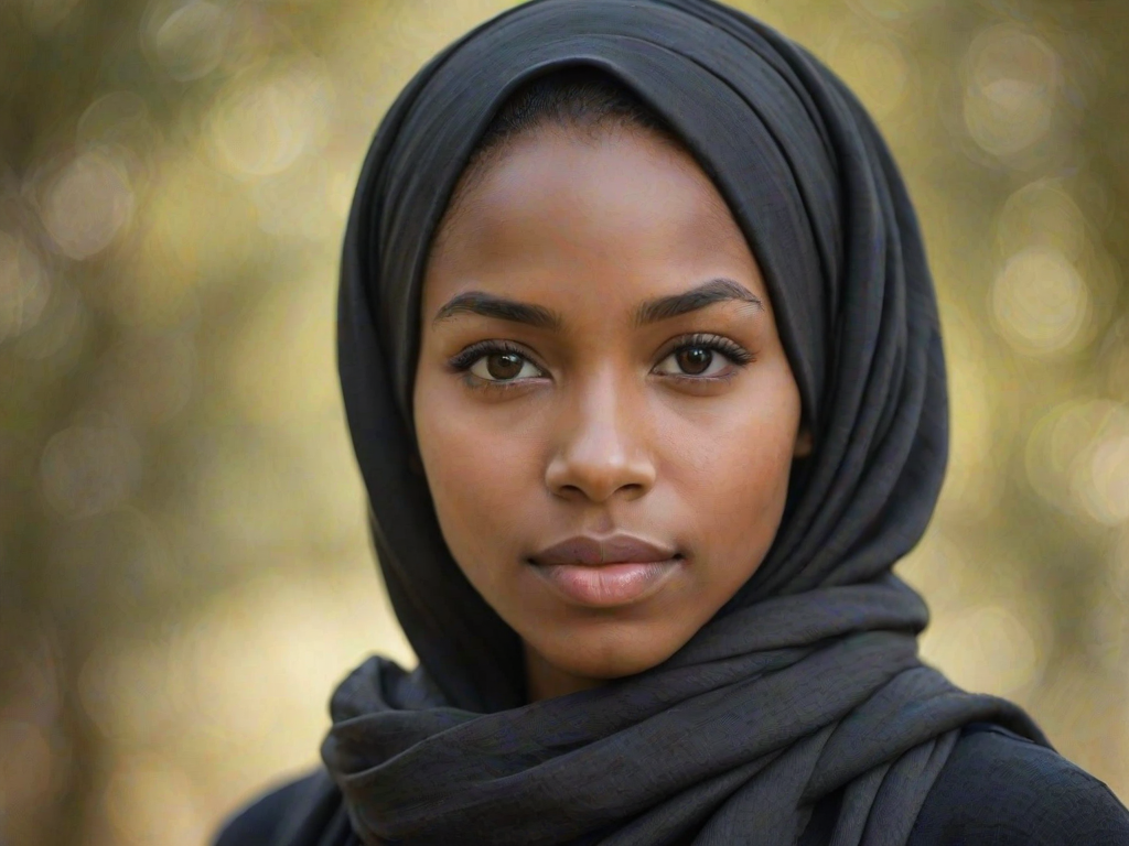Create a portrait of a young African American female with long, dark hair and captivating hazel eyes. She is wearing a black headscarf and a matching scarf draped gracefully around her neck. The background is softly blurred, focusing attention on her serene and natural expression. The overall color palette is muted and warm, enhancing the intimate and authentic feel of the portrait.