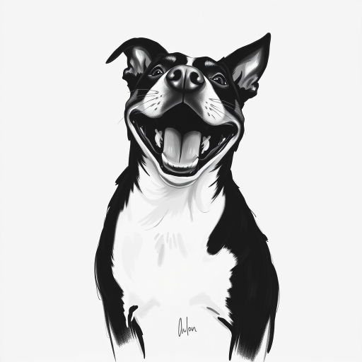 Abstract black and white acrylic portrait of an over exaggerated laughing (dog). Minimalism style. White background.