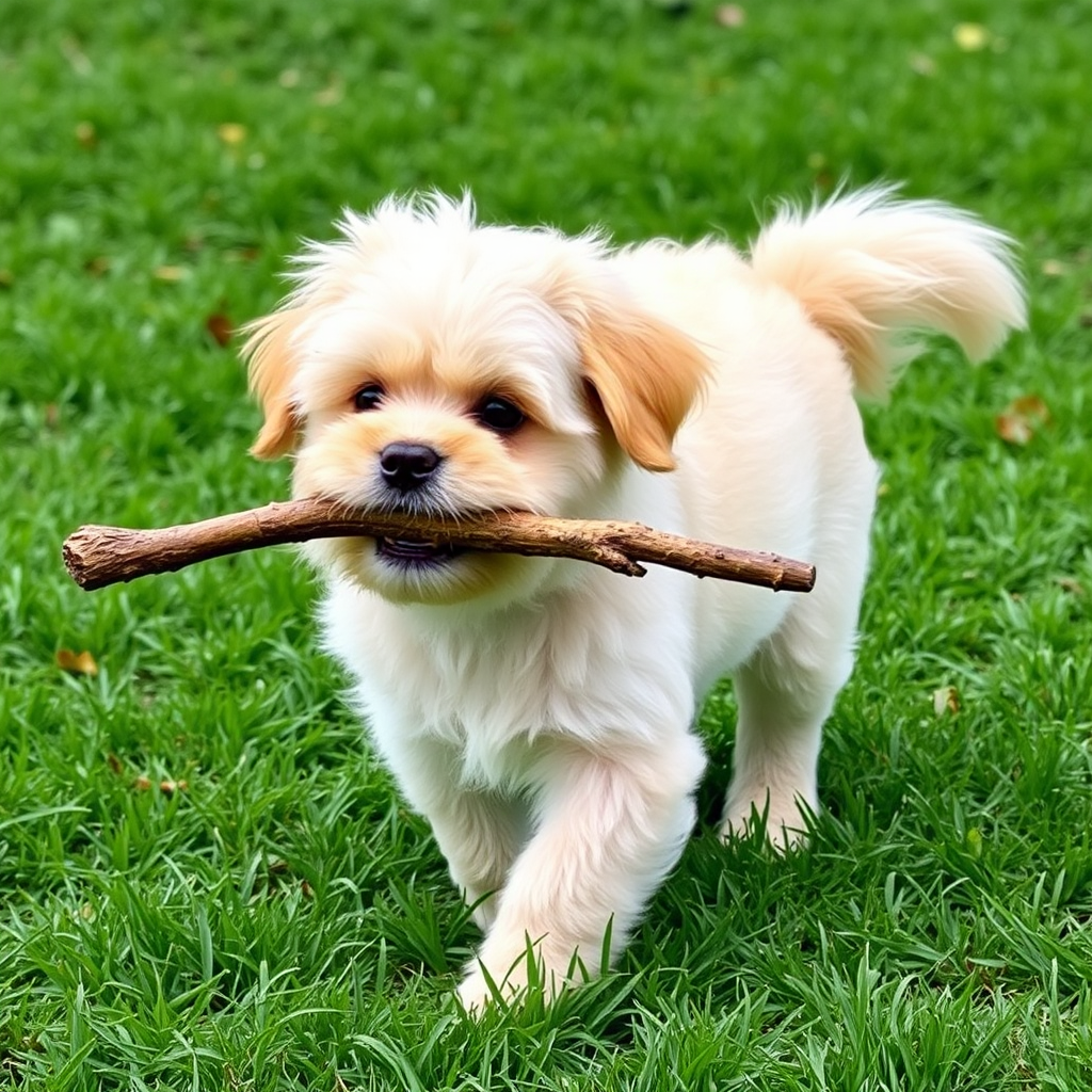 A small, fluffy dog with a light-colored coat carrying a large stick in its mouth while standing on green grass.