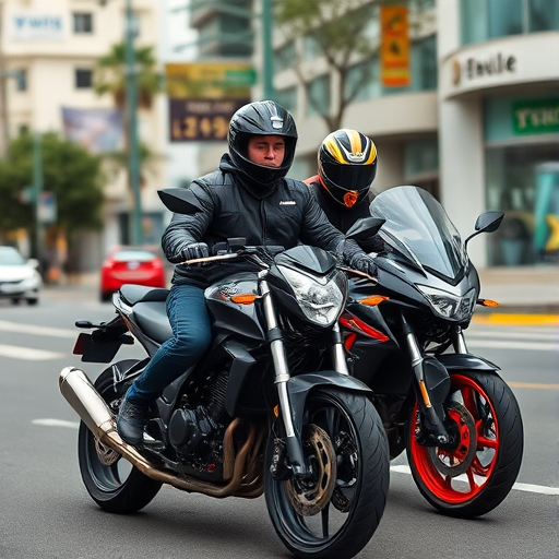 urban street scene with two riders on sport motorcycles, one in black leather and one in a helmet, vibrant colors, shallow depth of field, shot with a DSLR camera at f/2.8, ISO 200, 50mm lens, natural lighting, dynamic angle from slightly above to capture action and environment.