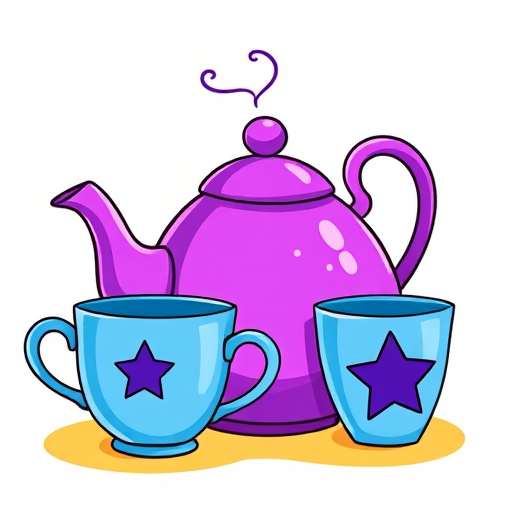 A vibrant and whimsical illustration of a purple teapot with steam rising, next to a blue cup with a star design, captured in high-resolution with a DSLR camera, aperture f/2.8, ISO 100, 50mm lens, in bright daylight, emphasizing bold colors and cartoonish style with a shallow depth of field.