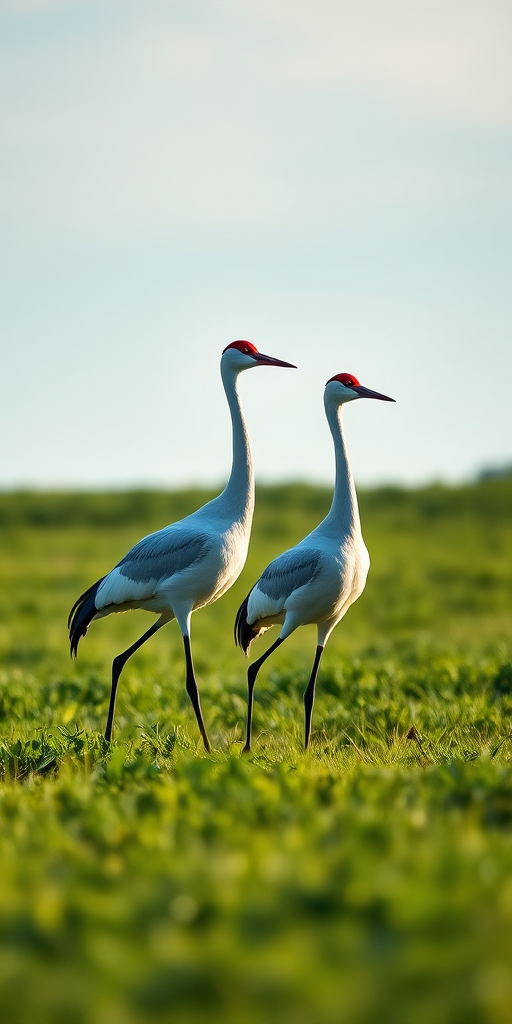 Two cranes walking in a green field under a soft blue sky, captured with a Canon EOS 90D, 200mm lens, f/5.6 aperture, ISO 400, using a shallow depth of field for a natural look and vibrant colors.