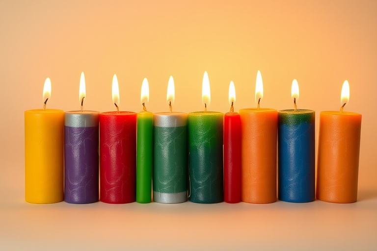 Create a high-resolution image of eight colorful candles arranged in four rows, each with a different color: yellow, silver, purple, red, green, blue, orange, and violet, using a DSLR camera with a 50mm lens, aperture f/2.8, ISO 100, and a soft focus background for enhanced detail and clarity.