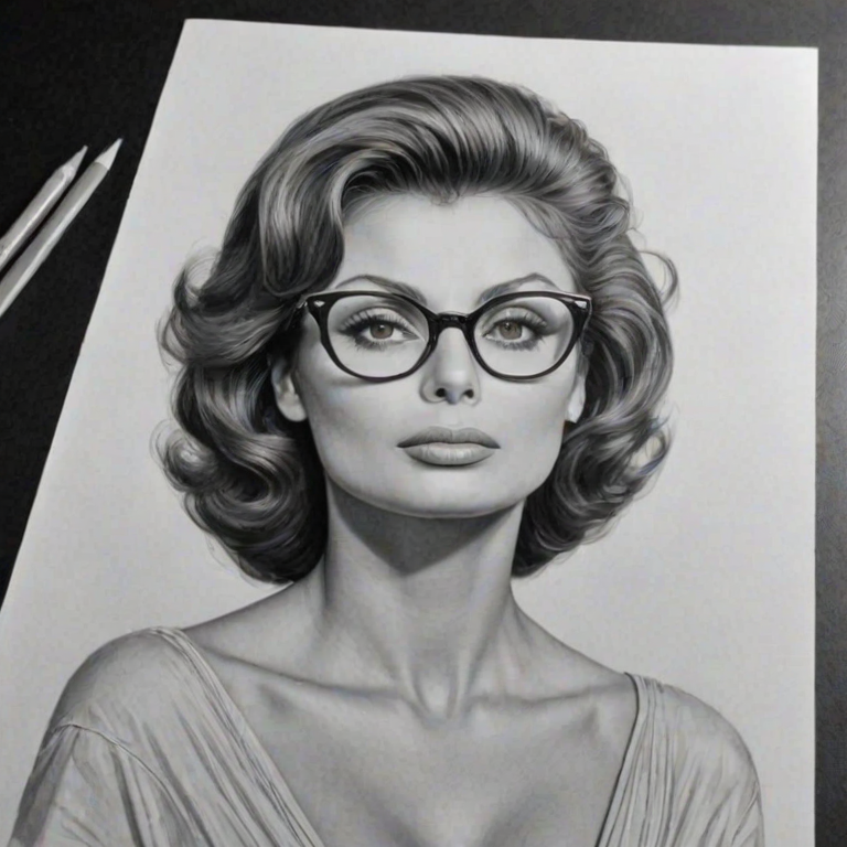 Gorgeous Sophia Loren, pencil sketch, portrait of Sublime woman 1941s in glasses, hair style beatnik, outline, clear lines, fine lines, 8k
