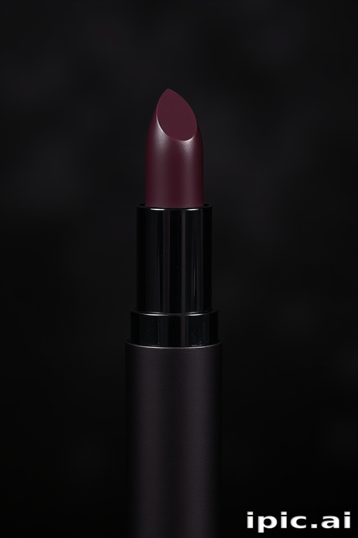 Sultry "Midnight Velvet" matte lipstick in deep plum shade, long-lasting formula with moisturizing properties, ideal for creating mysterious and alluring looks