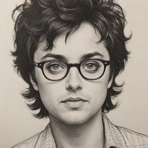Comely Billie Joe Armstrong, pencil sketch, portrait of Alluring woman 1976s in glasses, hair style beatnik, outline, clear lines, fine lines, 8k