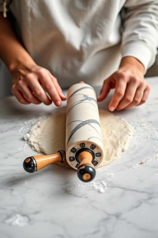 Create a high-resolution image of a person rolling out dough with a marble rolling pin on a marble countertop, captured using a Canon EOS R5 with a 50mm f/1.2 lens, aperture set to f/2.8, shutter speed of 1/100 sec, and natural lighting to enhance the texture and details of the scene.