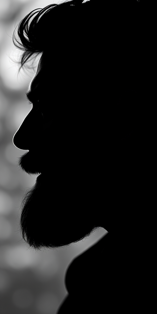 create a high-contrast monochrome outline image of a man's side profile with a beard, using a DSLR camera at f/2.8, 50mm lens, ISO 100, in natural light, with a shallow depth of field for enhanced clarity