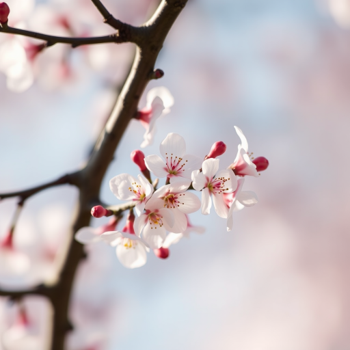 close-up of cherry blossom branches in soft focus, aperture f/2.8, shutter speed 1/200s, ISO 100, taken with a DSLR camera, natural light with a dreamy pastel background, macro lens.