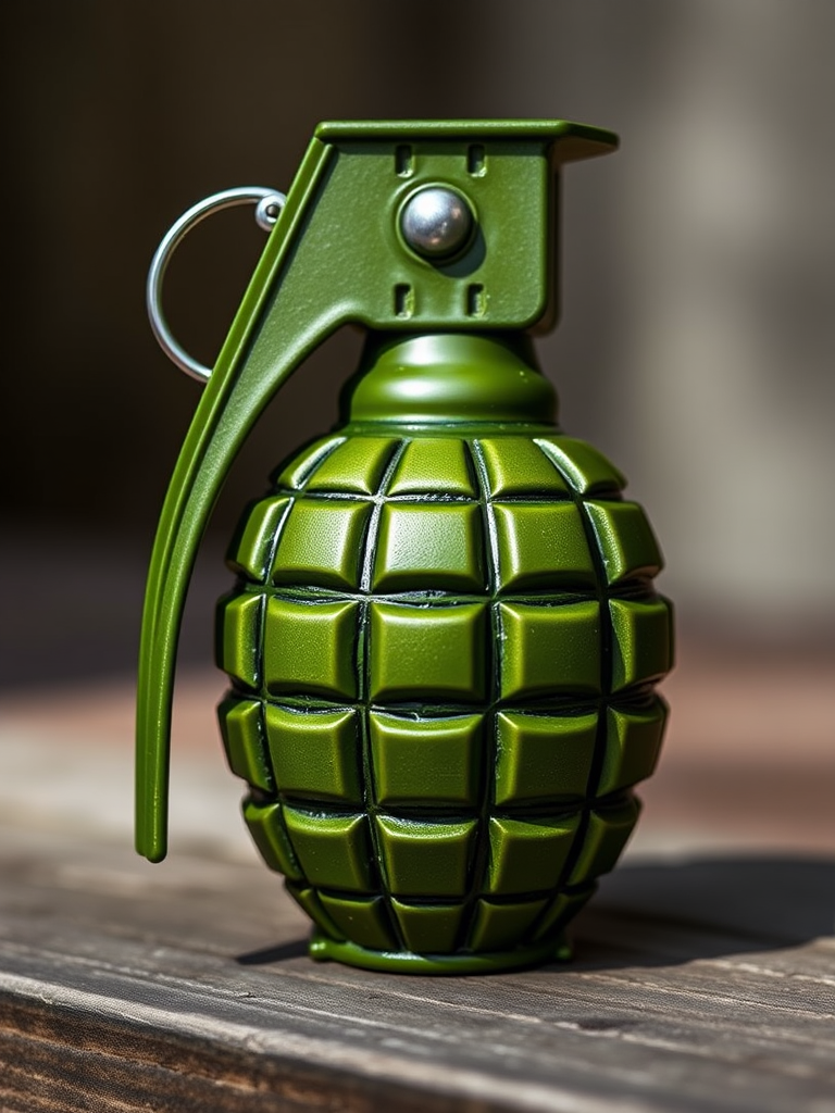Create a high-resolution digital illustration of a green hand grenade with a shiny metallic pin, using a DSLR camera at f/5.6 aperture, 50mm focal length, ISO 100, natural lighting, and a slight angled view to enhance depth and detail.