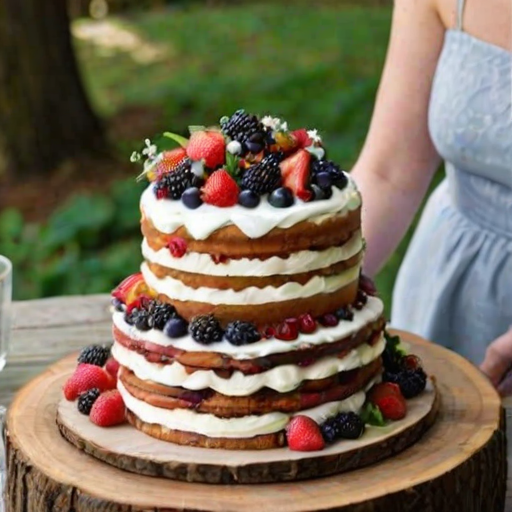 Create a three-tiered naked cake decorated with fresh berries and edible flowers. The bottom layer is larger and gradually gets smaller towards the top. Use strawberries, blueberries, blackberries, and white roses for decoration. Place the cake on a decorative glass stand, set against a rustic outdoor background with a wooden table.
