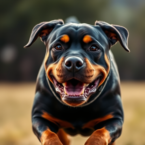 A realistic, close-up view of a running Rottweiler dog in mid-action, outdoors with soft natural lighting, f/2.8 aperture, 1/1000 shutter speed, ISO 200, DSLR camera, 50mm lens.