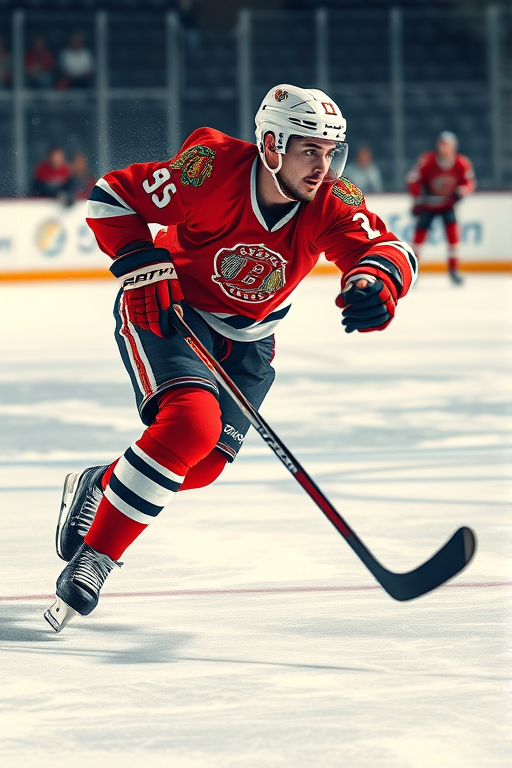 Create a high-resolution vector illustration of a historical ice hockey player in motion, captured from a low angle, using a Canon EOS R5 with a 50mm f/1.8 lens, aperture set to f/2.8, ISO 100, and a shutter speed of 1/500s for crisp details and vibrant contrast.