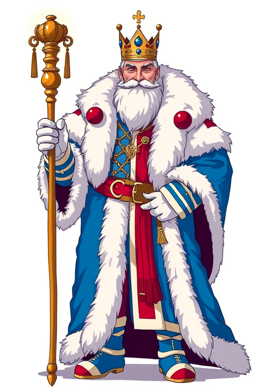 Create a vibrant illustration of a regal figure resembling a king, adorned in a blue and white fur coat with red accents, holding a scepter, standing confidently, high-resolution, shot with a DSLR at f/2.8, 50mm lens, natural light, flat angle view, vibrant colors and sharp details.