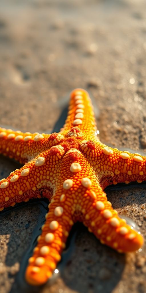 Capture a close-up view of a vibrant starfish on wet sand with soft natural lighting, using a macro lens, aperture set to f/2.8 for shallow depth of field, ISO 100 for clarity, and a shutter speed of 1/200 sec to freeze motion.