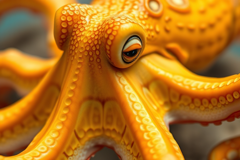 Create a high-resolution illustration of a detailed golden octopus with intricate patterns on its skin, shot with a macro lens at f/2.8 aperture to achieve a shallow depth of field, using a DSLR camera in natural light for vibrant color reproduction and clarity.