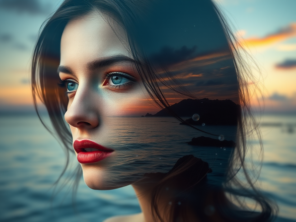 this picture is Book cover, A surreal double exposure portrait that blends a woman's face with a beautiful seascape. The overall mood is dreamy and mystical, with rich colors and intricate details