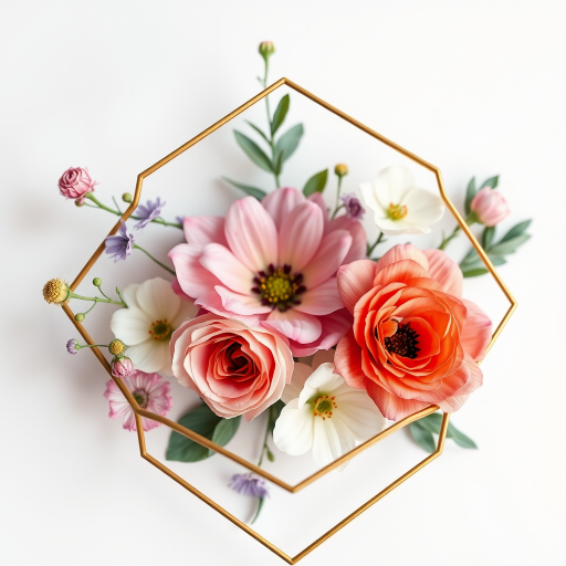 Create a high-resolution image of a delicate watercolor flower arrangement with a geometric gold frame, using a Canon EOS 5D Mark IV with a 50mm f/1.8 lens, aperture set to f/2.8, ISO 100, and natural soft lighting for enhanced detail and color vibrancy.