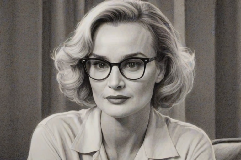 Sublime Jessica Lange, pencil sketch, portrait of Lovely woman 1934s in glasses, hair style beatnik, outline, clear lines, fine lines, 8k