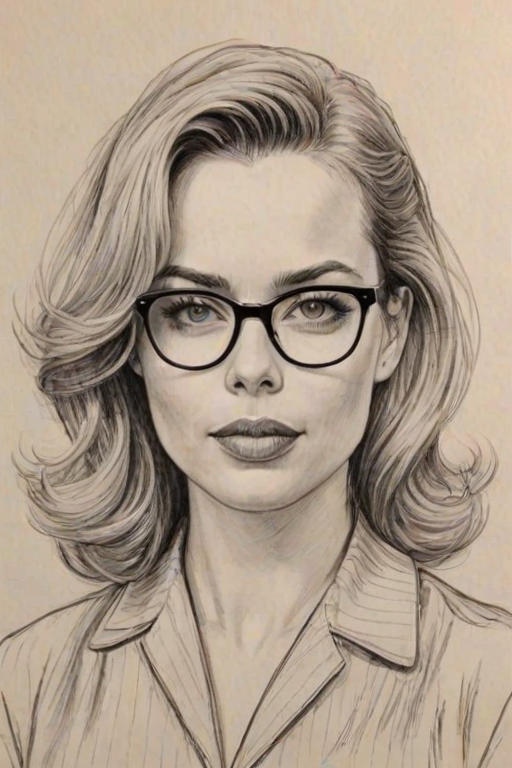 Delightful Melissa George, pencil sketch, portrait of Wonderful woman 1952s in glasses, hair style beatnik, outline, clear lines, fine lines, 8k