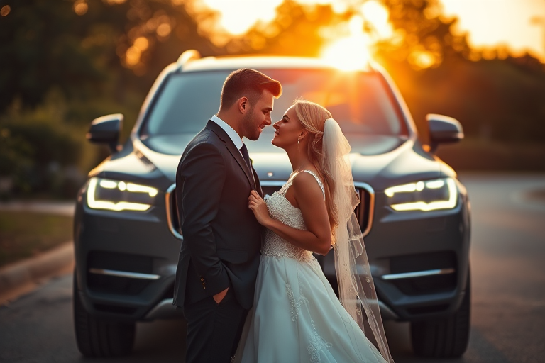 Capture an intimate moment between a bride and groom in front of a luxury SUV during golden hour, shot with a Canon EOS R5, 50mm lens, aperture f/1.8, ISO 100, shutter speed 1/200s, with a shallow depth of field for a bokeh background effect.
