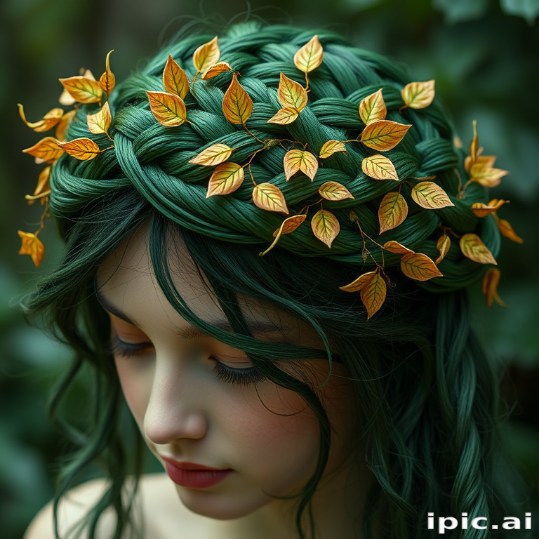 Enchanting emerald green braided crown intertwined with delicate golden leaves, evoking a mystical forest nymph aura, named "Verdant Whisper"