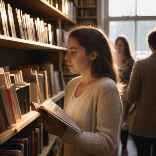 Blurry candid shot of a woman at a cozy bookshop, browsing through shelves of books, sunlight illuminating her face as she flips through a novel, surrounded by other readers.