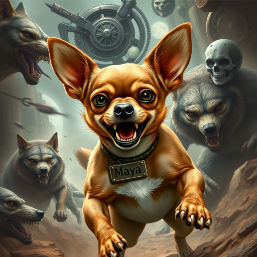 "Create a highly detailed and realistic image of a short-haired Chihuahua named Maya in an extremely fierce and enraged warrior pose. She is battling a pack of wolves and an alien creature, fighting for her life and the life of her owner. The Chihuahua should have a wild and aggressive appearance, with bared teeth and fierce eyes, showcasing her determination despite the overwhelming odds. She should have a distinct white patch on her chest, while the rest of her fur should be brown. A large tag with the name 'Maya' should be prominently displayed around her neck. The background should feature a sci-fi and steampunk style, filled with futuristic mechanical elements and Victorian technology, blending an urban landscape with fantastical details such as gears and steam."