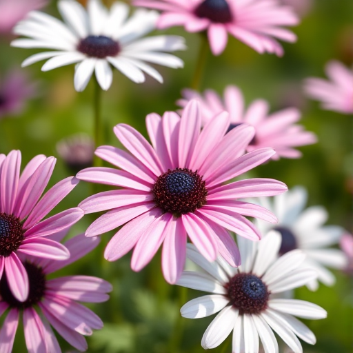 Close-up shot of pink and white daisies with dark centers, captured in bright daylight using a DSLR camera, 50mm lens, f/2.8 aperture, 1/200 sec shutter speed, ISO 100, with a shallow depth of field and soft background blur.
