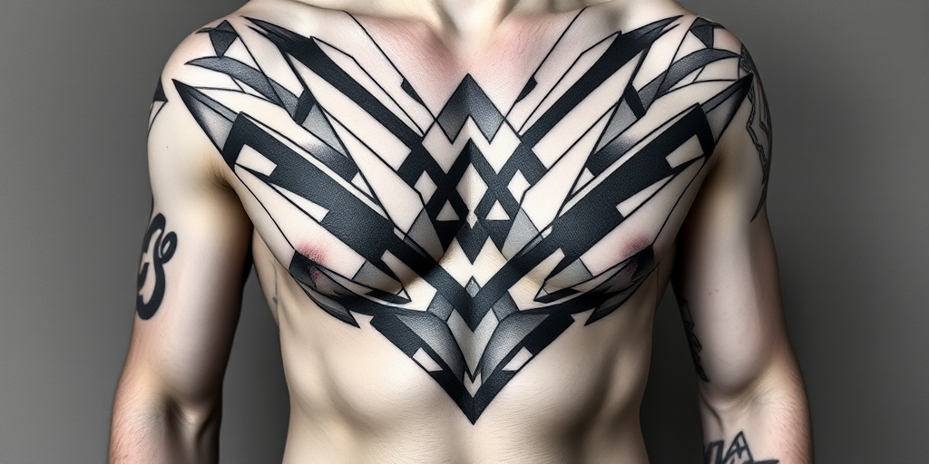 Bold geometric body tattoo covering the entire chest and abdomen, incorporating sharp lines and abstract shapes in monochromatic grayscale tones